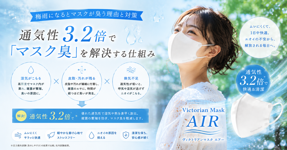 梅雨になるとマスクが臭う理由と対策。通気性3.2倍が「マスク臭」を解決する仕組み