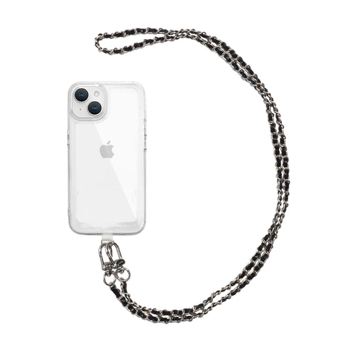 スマホショルダーストラップ 首掛けストラップ 120cm 長さ調整可能 チェーン × レザー ブラック