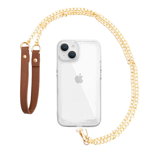 スマホショルダーストラップ 首掛けストラップ 120cm 長さ調整可能 ストラップホルダー チェーン × レザー ブラウン