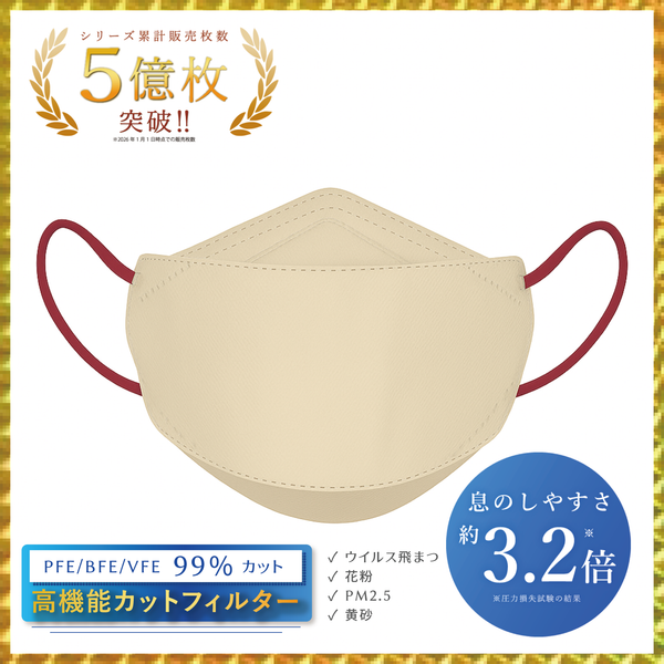 息がしやすい KF立体マスク（通気性3.2倍）サンドベージュ × ワインレッド